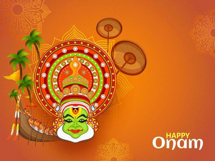 happy onam greeting card with mask and palm trees