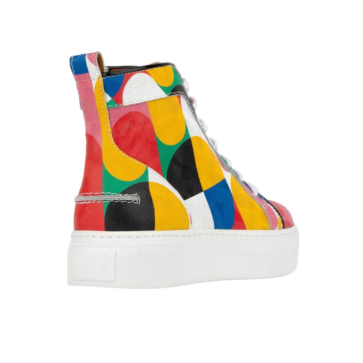 This lug sole, lightweight, womens luxury leather high top sneaker, handcrafted in a colorful leather combination, is the perfect all Season high top sneaker. The Camila High Groovy can easily take you from the gym to a lunch date.  Paired with joggers or jeans, this womens designer high top sneaker is both stylish and comfortable with added ankle support. The Camila has a comfortable, on-trend lug sole, making sure "Compliments are Guaranteed".   And handcrafted in our groovy mod patterned leat Italian Leather Shoes, London Shoes, Shoe Horn, August Birthstone Jewelry, July Birthstone Jewelry, Trainer Heels, High Top Sneaker, Leather High Tops, Gifts For New Mums