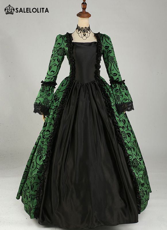 Green Victorian Period Dress Historical Renaissance Costume Ball Gowns Victorian, Edwardian Era Dress, Victorian Dress Gown, Gothic Victorian Dresses, Victorian Gown, Victorian Dresses, Period Dress, Brocade Dress, Dress Neck