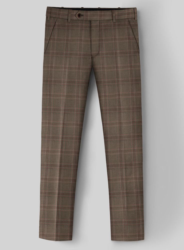 Make a bold statement and let your style speak volumes with our London Loom Brown Check Wool Silk Linen Pants. Expertly tailored from a premium wool blend, it features a striking plaid design in brown with a touch of wine, creating a unique and eye-catching appearance. The fabric guarantees maximum comfort while maintaining elegance, allowing you to confidently shine at any event. Whether attending a wedding, stepping out for a formal day, or simply showcasing your fashion sense, these pants exemplify sophisticated charm in your wardrobe.  The London Loom Collection  masterfully blends the durability of wool, the luxury of silk, and the breathability of linen, reflecting the elegance of English tailoring. This fabric offers season-spanning comfort, refined drapes, and natural coolness. Wov Brown Fitted Ankle-length Pants, Fitted Brown Ankle-length Pants, Slim Fit Brown Bottoms For Business, Brown Slim Fit Dress Pants With Tapered Leg, Brown Slim Fit Dress Pants For Fall, Slim Fit Brown Dress Pants With Tapered Leg, Brown Slim Fit Pants With Welt Pockets, Fitted Brown Ankle-length Dress Pants, Brown Slim Fit Dress Pants For Business Casual