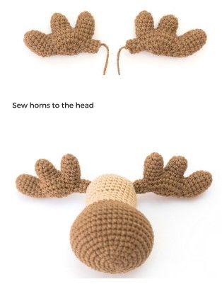 three different types of stuffed animals made out of knitted material, each with an animal's head and antlers