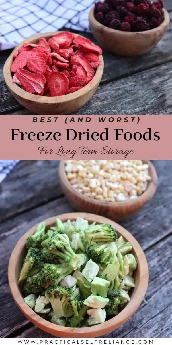 three wooden bowls filled with different types of food and text overlay reads best and worst freeze dried foods for long term storage