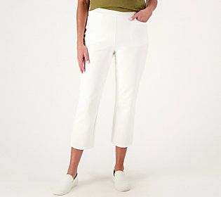 These pull-on style pants with a stylish tab detail boast plenty of comfortable stretch and a trendy crop cut so you can keep cozy and cute in warmer weather. From Susan Graver. Stretch Cropped Leg Pants With Pull-on Style, Fall Cropped Leg Pull-on Style Pants, Fall Cropped Leg Pull-on Pants, Fall Cropped Leg Pants With Pull-on Style, Chic Cropped Leg Pull-on Pants, Chic Stretch Cropped Leg Pants, Chic Stretch Cropped Pants, Relaxed Fit Pull-on Capris For Work, Casual Pull-on Ankle-length Capris