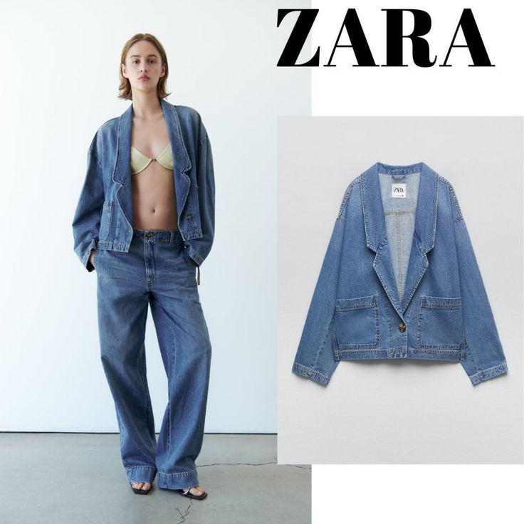 Zara Denim Jacket. Size M. Not That Oversized. Fits Perfect. Front Pokets Lapel Collar Extr Button Attached Oversized Blazer With Patch Pockets For Spring, Oversized Spring Blazer With Patch Pockets, Spring Light Wash Denim Jacket With Buttoned Pockets, Trendy Denim Blazer With Pockets, Oversized Denim Jacket For Work, Summer Medium Wash Outerwear For Work, Casual Denim Blazer With Patch Pockets, Spring Blue Blazer With Patch Pockets, Spring Single-breasted Denim Blazer