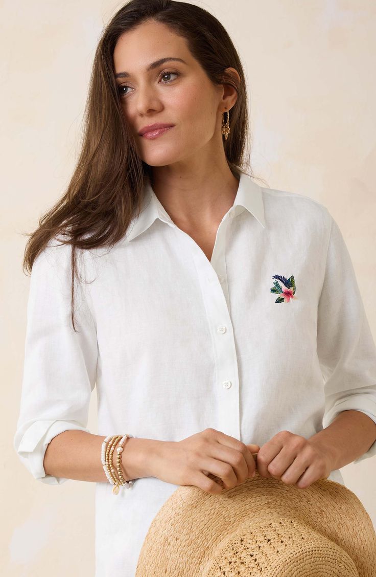 Crisp linen lets you keep your cool on a hot day in this long-sleeve button-up shirt embroidered with colorful tropical flora at the chest and back. Front button closure Spread collar Long sleeves with one-button cuffs 100% linen Machine wash, tumble dry Imported Summer Floral Embroidered Top With Spread Collar, Summer Top With Floral Embroidery And Spread Collar, Summer Embroidered Shirt With Spread Collar, Embroidered Summer Shirt With Spread Collar, Embroidered Spread Collar Shirt For Summer, Collared Tops With Floral Embroidery For Vacation, Casual Tops With Floral Embroidery And Spread Collar, Casual Floral Embroidery Tops With Spread Collar, Embroidered Linen Long Sleeve Shirt