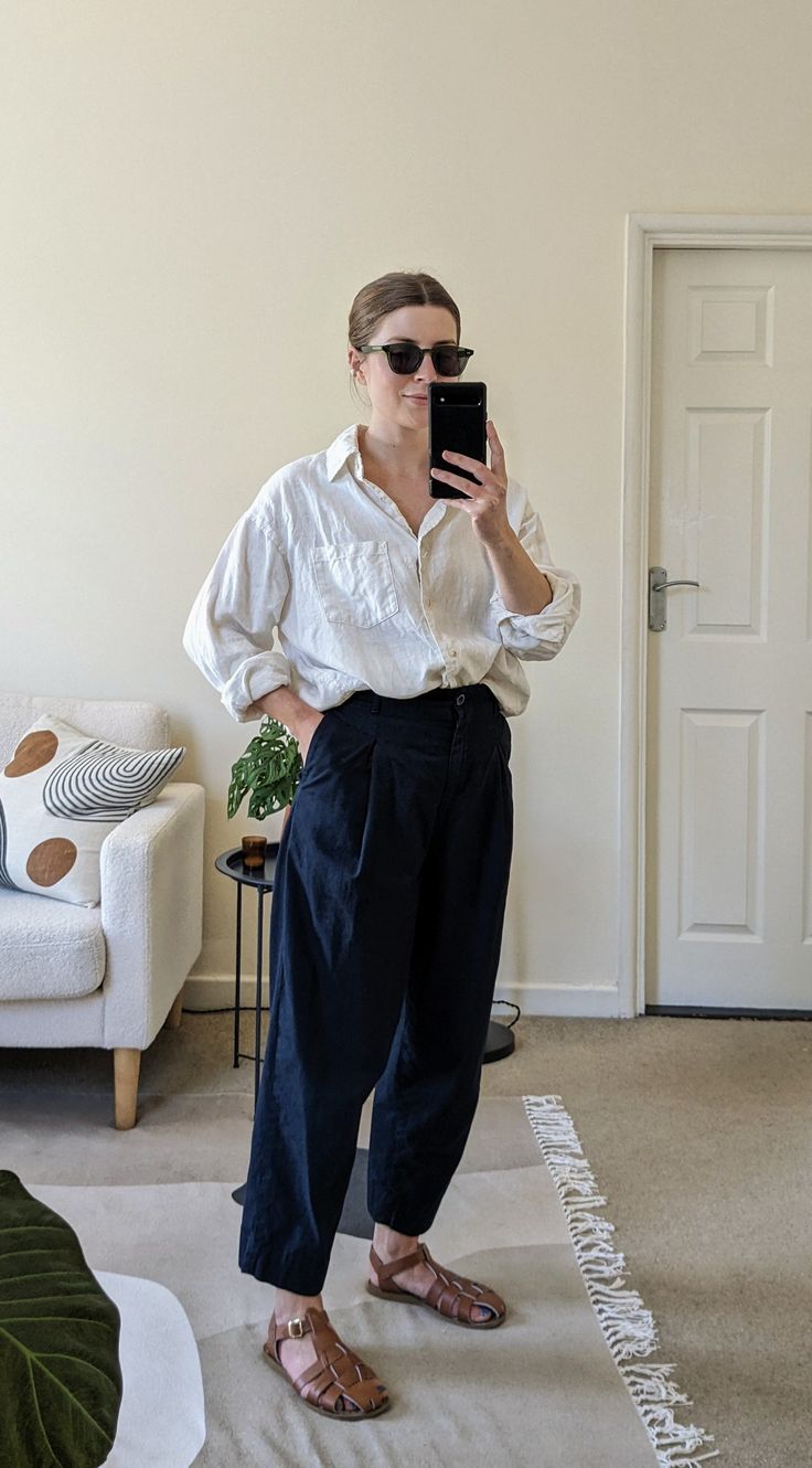 Navy Sandals Outfit, Outfit With Linen Shirt, Brown Fisherman Sandals Outfit, Barrel Trousers Outfit, Brown Leather Sandals Outfit, Sandals Work Outfit, Angharad Jones, Navy Trousers Outfit, Leather Sandals Outfit