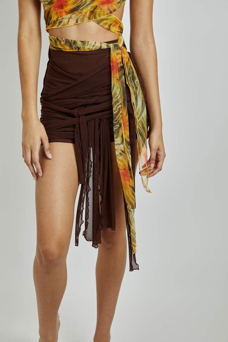 Brown Mesh Skirt  Tie around top Kim Shui, Tie Skirt, Mesh Shorts, Mesh Skirt, Mesh Fabric, Tie Dye Skirt, Maxi Skirt, Built In, Mesh