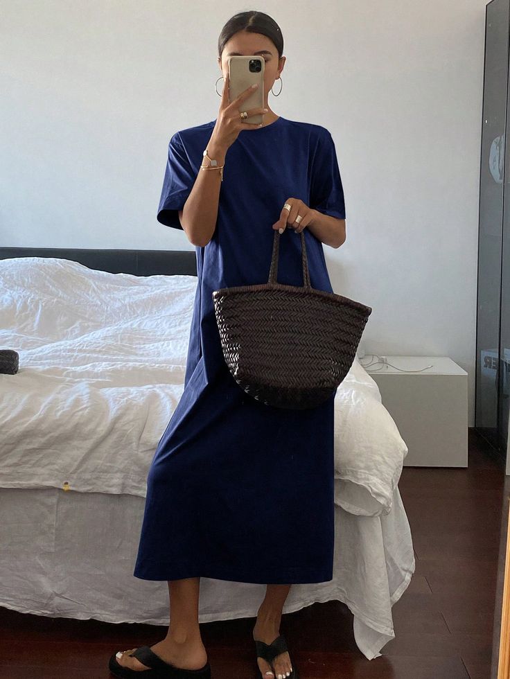 Women's Loose Fit Round Neck Short Sleeve Elegant Casual Dress Navy Blue Casual  Short Sleeve Knitted Fabric Plain Tee Slight Stretch  Women Clothing, size features are:Bust: ,Length: ,Sleeve Length: Casual Blue Plain Dress, Casual Crew Neck Midi Dress For Daywear, Casual Blue Solid Color Maxi Dress, Casual Solid Blue Maxi Dress, Casual Blue Maxi Dress Solid Color, Casual Long Blue Maxi Dress, Casual Blue Maxi Dress, Casual Navy Maxi Dress For Vacation, Navy Casual Maxi Dress For Vacation