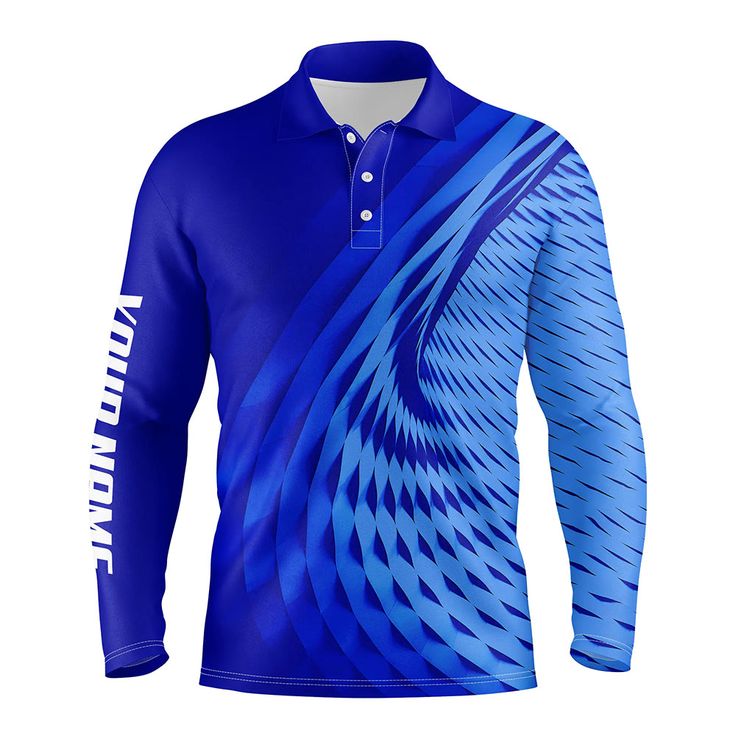 a blue polo shirt with an abstract design on the left chest and long sleeves,