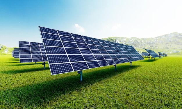 rows of solar panels sitting on top of a lush green field