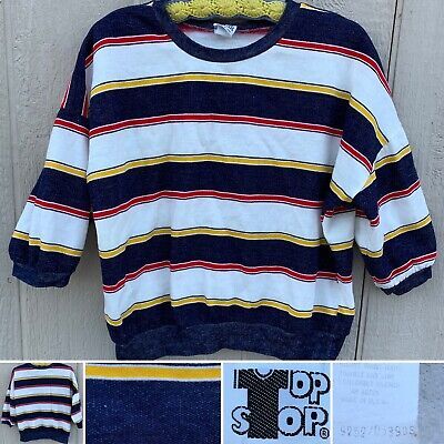 vintage Top Stop made in USA striped sweatshirt acrylic 80s 1980s wide short | eBay Retro Tops With Contrast Stripes For Fall, Retro Fall Tops With Contrast Stripes, Retro Striped Crew Neck Sweater, Vintage Striped Crew Neck Sweater, Vintage Striped Cotton Sweater, 80s Tops, Thrift Wishlist, 80s Clothes, 1980s Fashion Women