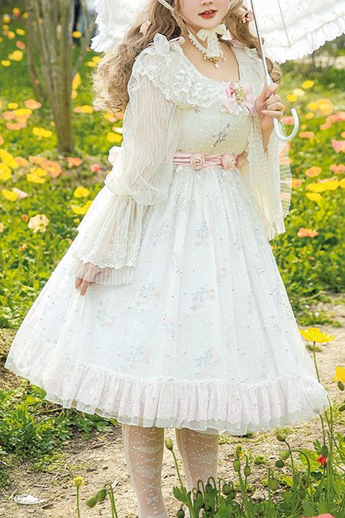 Process Time: Could be shipped out in 10-20 working days. SKU: LIN01546 Fabric: Polyester Cotton Lace Style types: Sweet Lolita Season: Spring, Summer, Autumn, Winter Notice: Any of the accessory is not included. Size(IN) Bust Dress Length S 28.35-32.28 40.16 M 33.07-37.01 40.55 L 37.80-41.73 40.94 XL 43.31-49.21 41.34 Spring Wedding Dress With Doll Collar, Cute White Vintage Dress With Doll Collar, White Long Sleeve Vintage Dress For Garden Party, White Sweet Dress With Doll Collar, Sweet White Dress With Doll Collar, White Sweet Doll Collar Dress, Spring Embroidered Dress With Doll Collar, Spring Tea Party Dress With Lace Trim, Spring Sweet Dress With Lace Patchwork