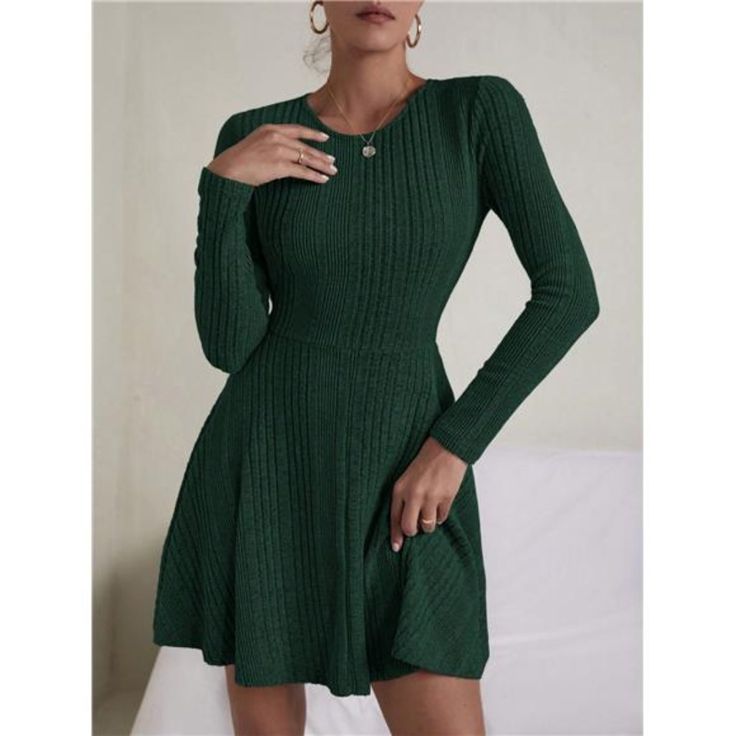 -Item Id 22511426 -Details: Rib-Knit -Neckline: Round Neck -Sleeve Type: Regular Sleeve -Style: Casual -Type: A Line -Waist Line: High Waist -Hem Shaped: Flared -Color: Dark Green -Pattern Type: Plain -Sleeve Length: Long Sleeve -Length: Short -Fit Type: Regular Fit -Fabric: Slight Stretch -Material: Knitted Fabric -Composition: 95% Polyester, 5% Elastane -Care Instructions: Machine Wash Or Professional Dry Clean -Sheer: No **Open To Offers!!!** **Bundle To Save More** **30% Off Bundles Of 2 Or Green Sweater Dress, Aline Dress, Classy Chic, Green Pattern, Chic Boutique, Boutique Dresses, Winter Collection, Sleeve Type, A Line Dress