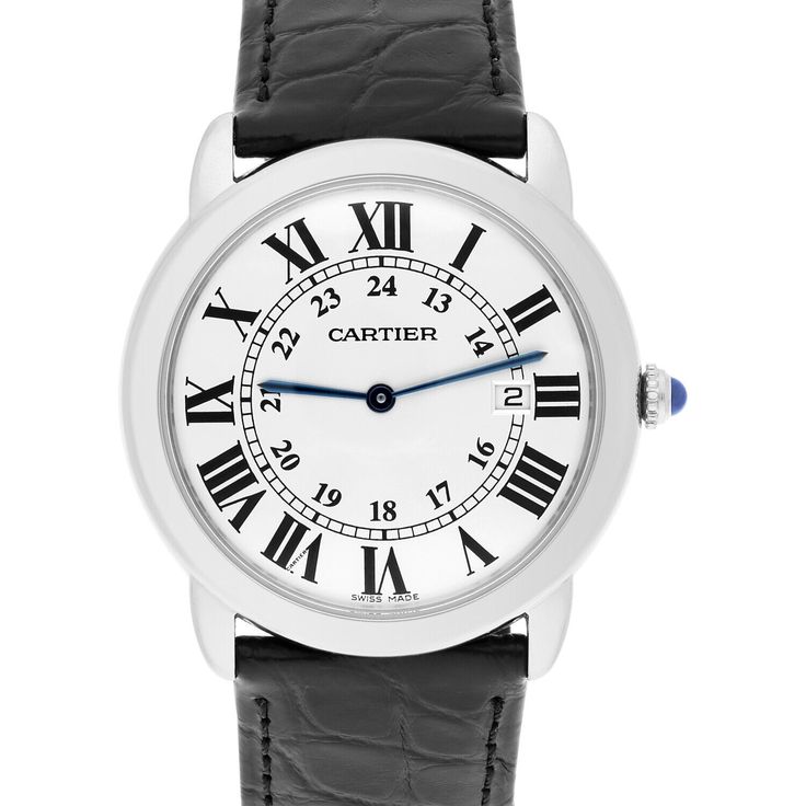 This stunning Cartier Ronde de Cartier wristwatch is a true luxury timepiece. With a sleek silver dial featuring elegant Roman numerals and a smooth bezel in a matching silver tone, this watch exudes class and sophistication. The 36mm round case is made of high-quality stainless steel and is water-resistant up to 30 meters, making it a durable and practical choice for everyday wear. The watch features 8 jewels and a Swiss-made quartz movement, ensuring accurate timekeeping. The sapphire crystal and scratch-resistant caseback provide added protection and longevity. The brand new two-piece black leather strap with a deployant closure adds to the overall elegance of the watch. This unisex watch is perfect for anyone looking for a timeless and versatile timepiece. Sale is covered by our in hou Classic Cartier Watch Band For Formal Occasions, Classic Cartier Watch With Metal Dial, Cartier Formal Watches With Date Display, Classic Cartier Watch Accessories With Date Indicator, Luxury Cartier Watch With Date Display, Classic Cartier Watch, Elegant Cartier Watch With Date Display, Cartier Rectangular Dial Watch With Date Display, Cartier Watch With Rectangular Dial And Date Display