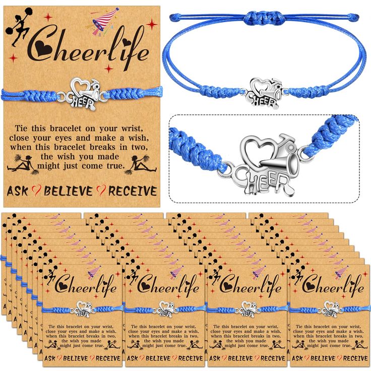 six bracelets with the words cheer life and an anchor on one side, two are blue