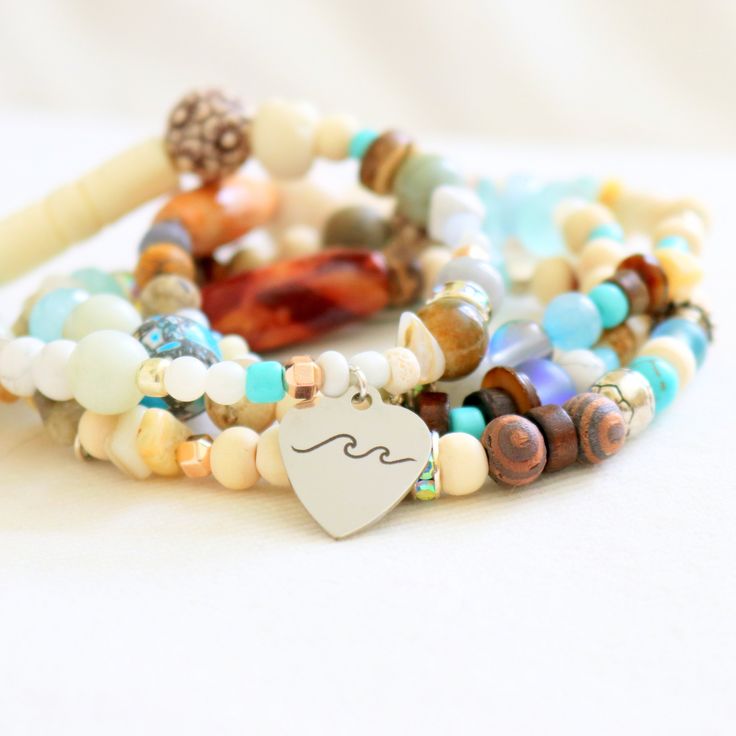 Woman's Beachy Boho Heart Wave Charm Bracelet, Woman's Ocean Wave Heart, Woman's Birthday Gift From him to Her Girlfriend Mom Gift Idea!! Boho Charm Bracelet, Sea Glass Gifts, Heart Wave, Beachy Bracelets, Boho Waves, Bracelet Summer, Beach Lover Gifts, Glass Bead Bracelet, Beachy Boho