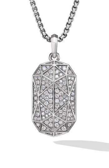 Sterling silver. Pavé diamonds, 2.16 total carat weight. Amulet, 47.9 x 21.1mm. Amulet drop length, 36.3mm. Please note: amulet only; chain sold separately. This item can be engraved. Imported. >Diamond Guide Luxury Octagon Diamond Necklace, Luxury Silver Diamond Necklace With Single Cut Diamonds, Luxury Pave Set Drop Jewelry, Luxury Drop Jewelry With Pave Setting, Luxury Silver Diamond-shaped Diamond Necklace, Luxury Diamond Necklace With Octagon Diamond Accents, Luxury Octagon Diamond Necklace With Diamond Accents, Luxury Octagon Diamond Necklace With Accents, Modern Silver Diamond-cut Necklace