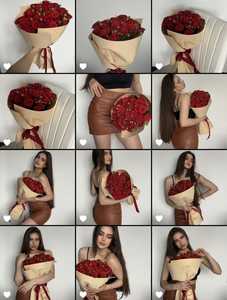 a woman holding a bunch of red roses in her hands and posing for the camera