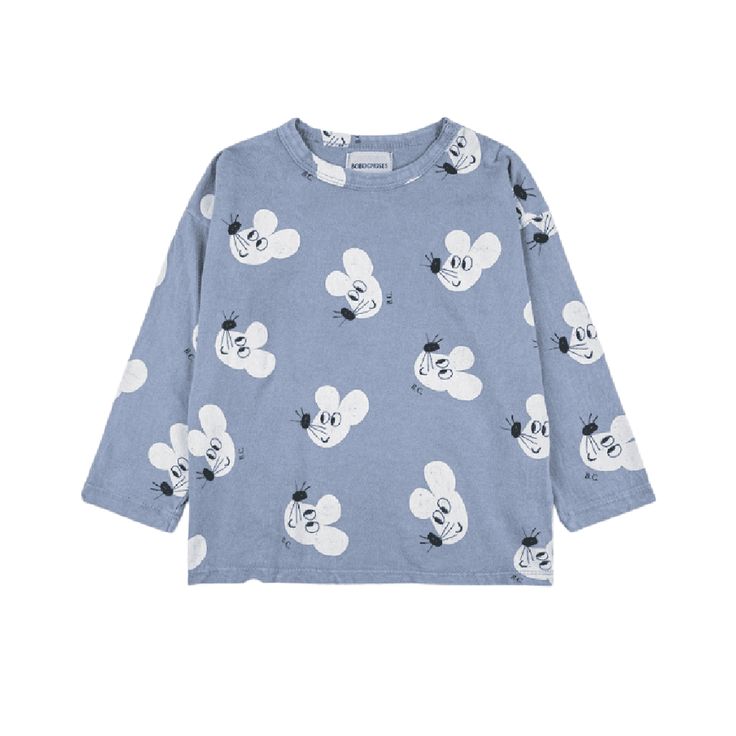 Baby Mouse All Over Long Sleeve T-Shirt Playful White Top With All Over Print, Light Blue Printed Long Sleeve Tops, Light Blue Long Sleeve Printed Tops, Blue Cotton Top With Cartoon Print, Blue Long Sleeve Top With All Over Print, Playful Blue Long Sleeve Top, Blue Long Sleeve Playful Top, Blue Long Sleeve Printed T-shirt, Playful Light Blue Top With Cartoon Print