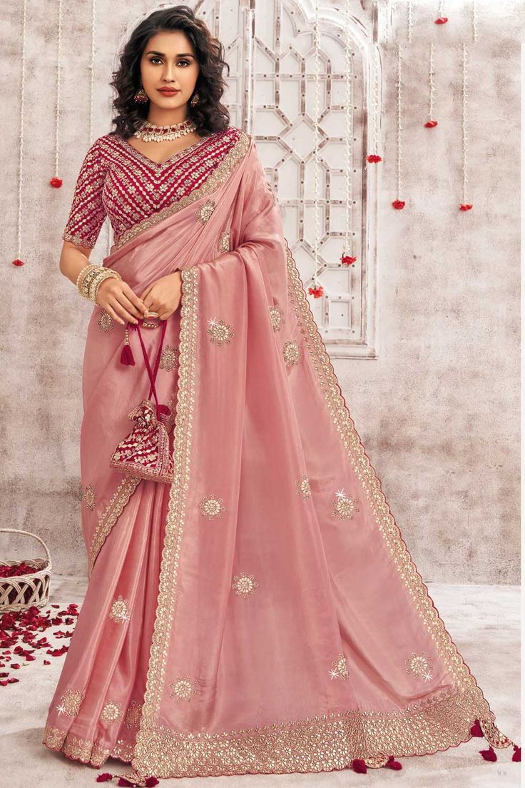 Organza Saree With Border, Organza Saree With Blouse, Saree With Border, Embroidered Saree, Embroidered Organza, Organza Saree, Organza Fabric, Work Sarees, Peach Color