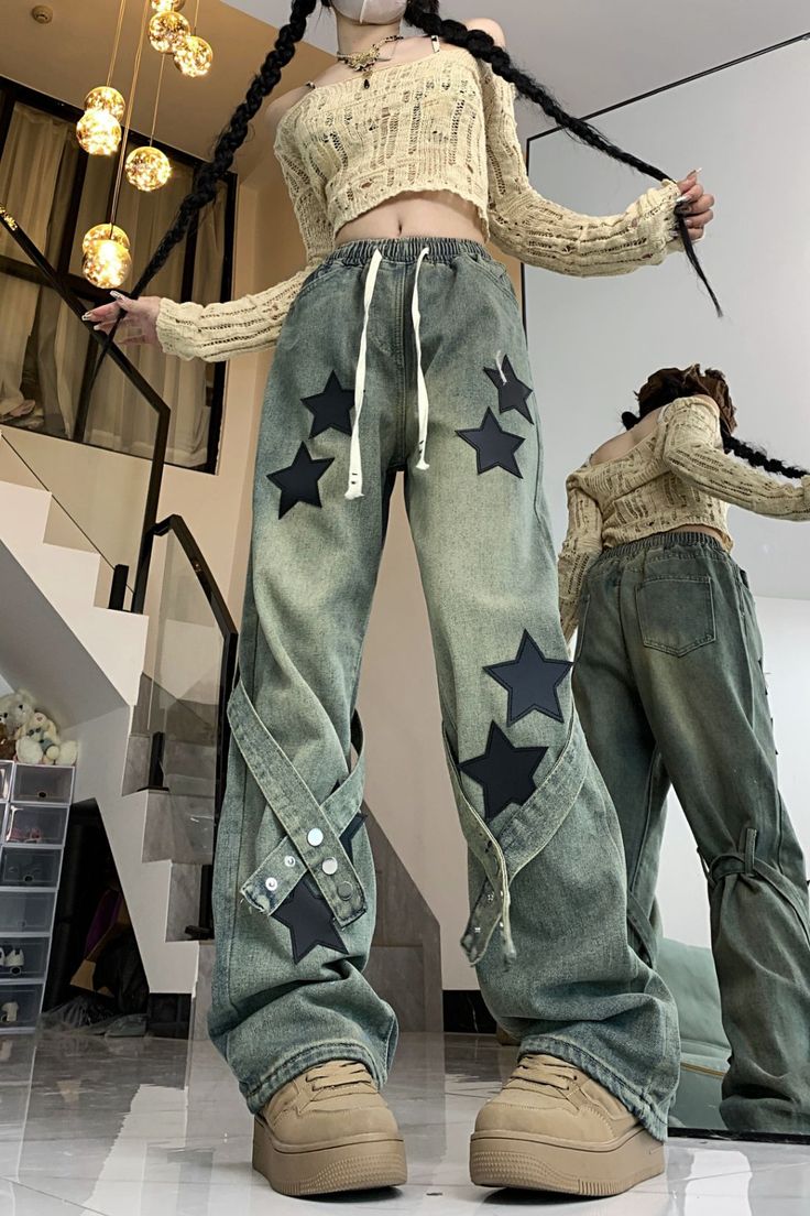 jeans outfit ,jeans outfit women, jeans outfit spring, star jeans,star jeans outfit, aesthetic jeans Star Outfits Aesthetic, Aesthetic Clothes Jeans, Star Inspired Outfits, Blue Aesthetic Clothes, Star Outfit Aesthetic, Star Jeans Outfit, Star Patch Jeans, Y2k Outfits Grunge, Aesthetic Trousers