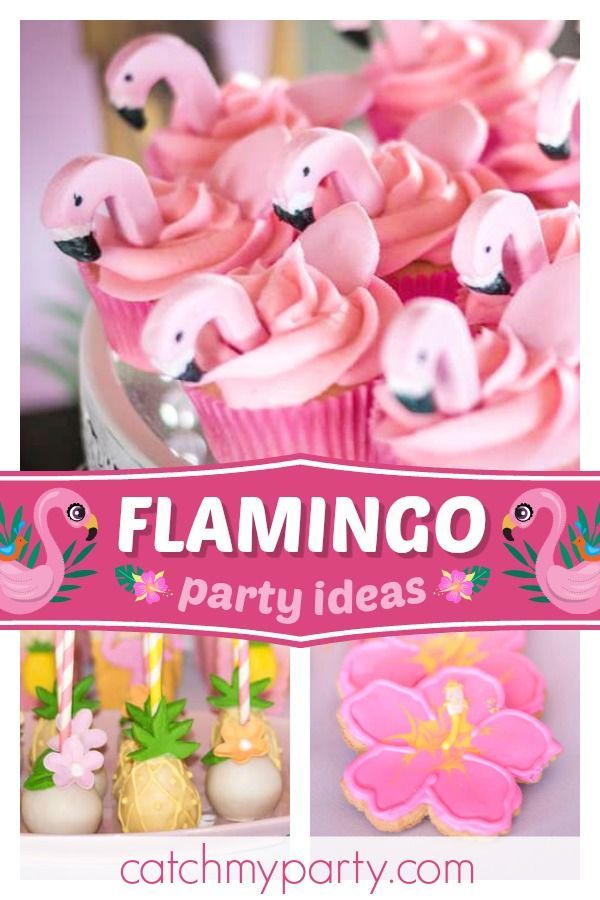 pink flamingo party decorations and cupcakes