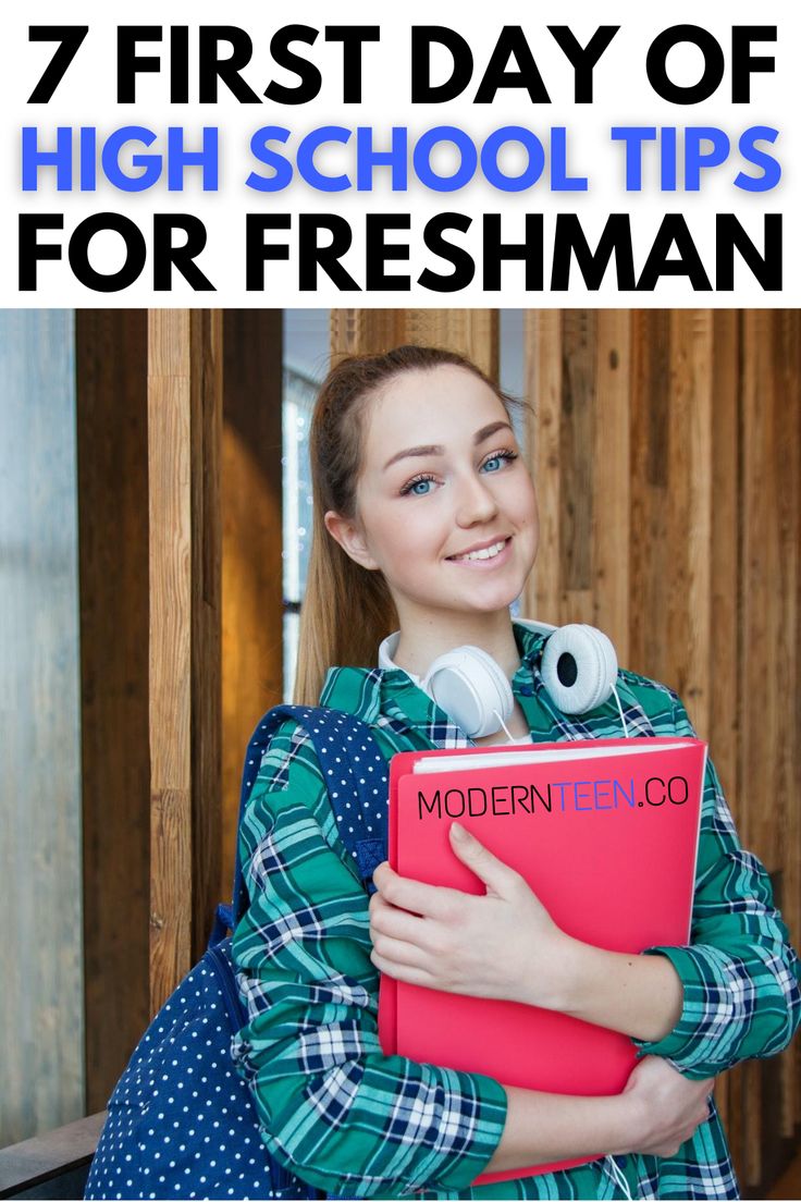 a girl holding a red folder with the words 7 first day of high school tips for freshman