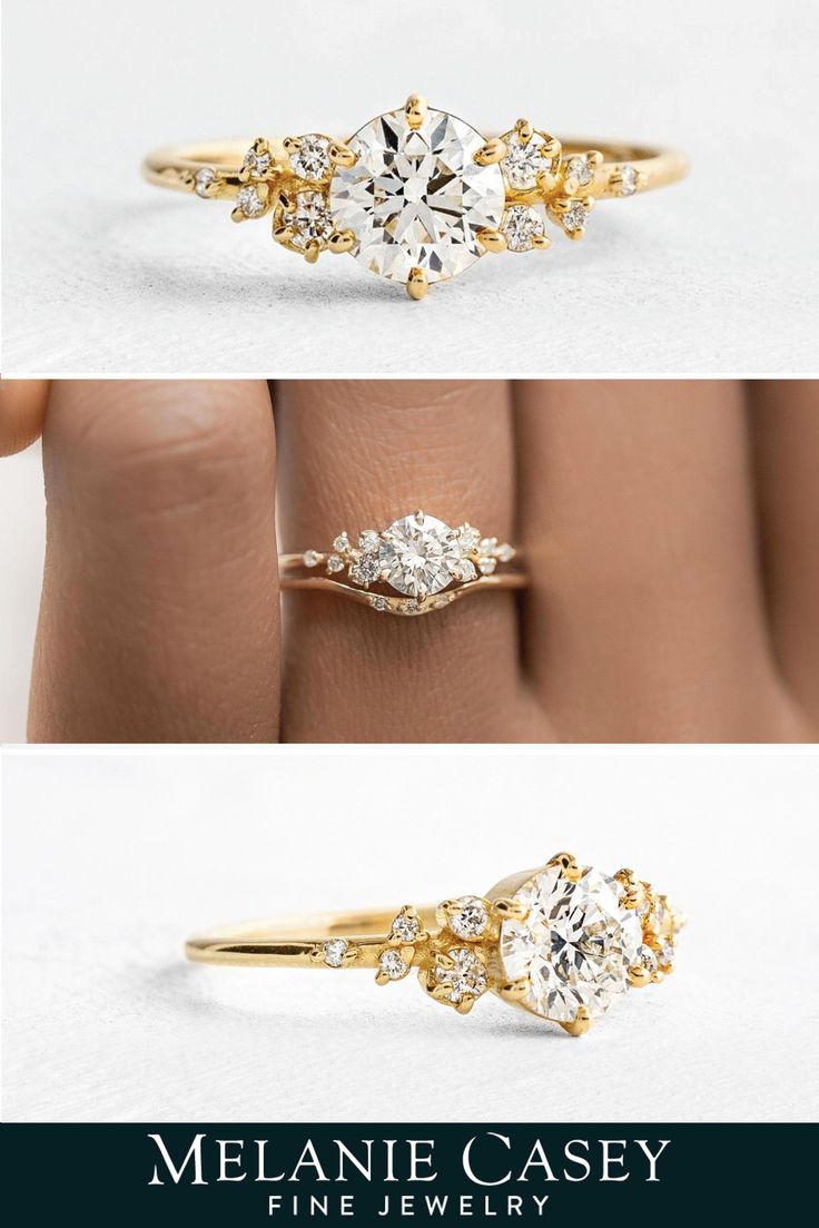 three different views of an engagement ring with diamonds on each side and the words melanie casey fine jewelry