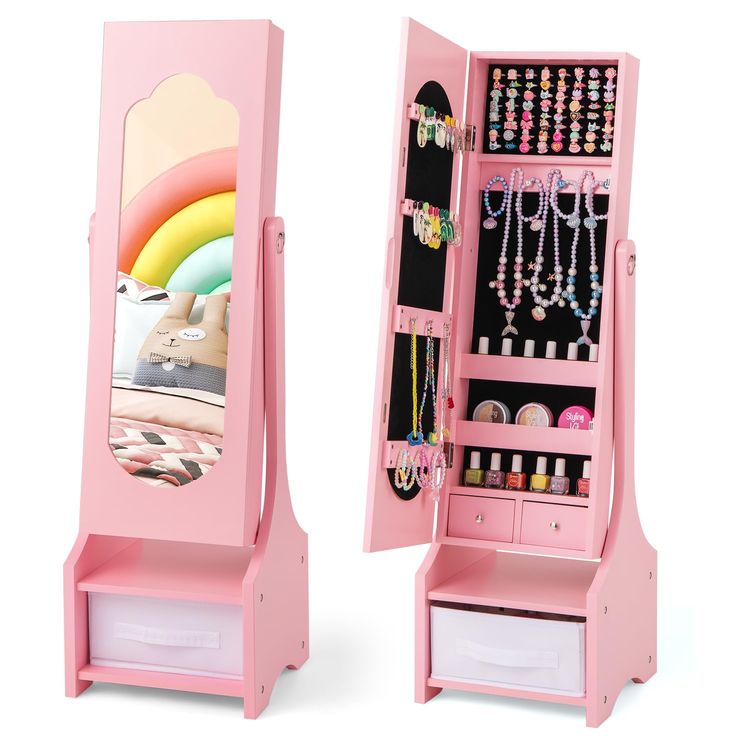 a pink jewelry cabinet with drawers and necklaces on it's sides, in front of a white background