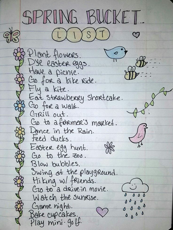 a handwritten poem written on lined paper with flowers and birds in the rain, which reads spring bucket