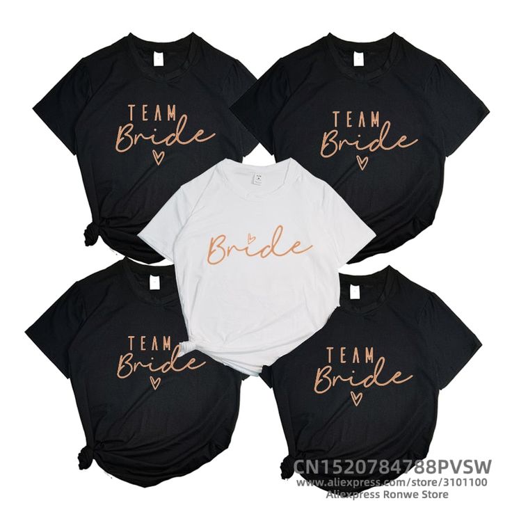 four bride shirts with the words team bride on them in gold and black letters,