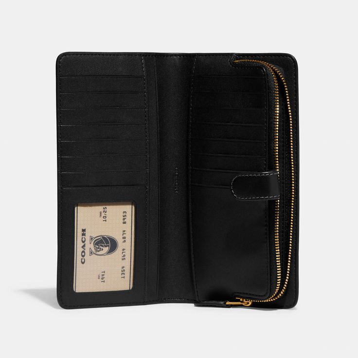 Crafted of refined leather detailed with our Signature hardware the perfectly named Skinny Wallet organizes essentials in a slender silhouette. The snap closure opens to reveal 15 card slots multiple full-length bill compartments a zippered coin pocket and a convenient ID window. | Coach Skinny Wallet - Women's - Brass/black Classic Formal Wallet With Zipper Closure, Coach Trifold Wallet With Rfid Blocking For Formal Use, Classic Trifold Wallet With Snap Closure For Travel, Coach Trifold Wallet For Formal Occasions, Coach Trifold Wallet With Coin Pocket For Formal Use, Classic Leather Trifold Wallet With Zipper For Everyday Use, Chic Bifold Business Wallet, Classic Trifold Wallet With Zipper Closure For Formal Occasions, Classic Trifold Wallet With Zipper For Business