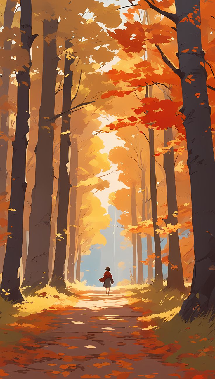 a painting of a person walking down a path in the woods with trees on either side