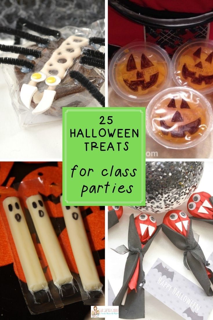 halloween treats for class parties with text overlay that reads 25 halloween treats for class parties