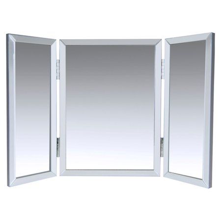 an open white door with three mirrors on the side and one window opened to show it's reflection