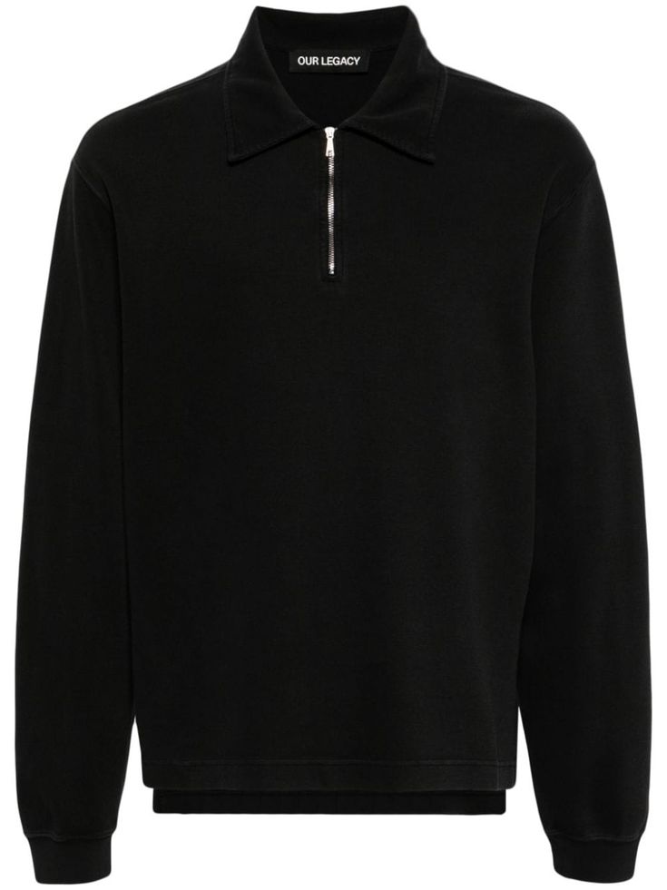 black cotton fine ribbed appliqué logo classic collar half front zip fastening long sleeves straight hem Collared Tops With Zipper Closure For Fall, Black Half-zip Sweatshirt, Classic Cotton Half-zip Top, Half-zip Cotton Top With Ribbed Cuffs, Collared Black Sweatshirt For Fall, Relaxed Fit Collared Sweatshirt, Cotton Half-zip Top With Ribbed Cuffs, Classic Half-zip Polo Sweater With Ribbed Cuffs, Black Crew Neck Polo Sweater For Work