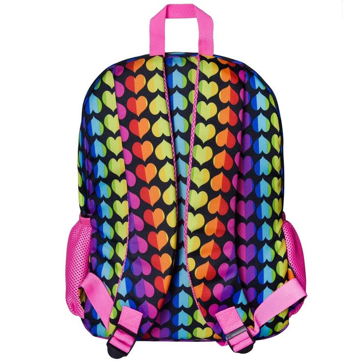 a colorful backpack with hearts on it