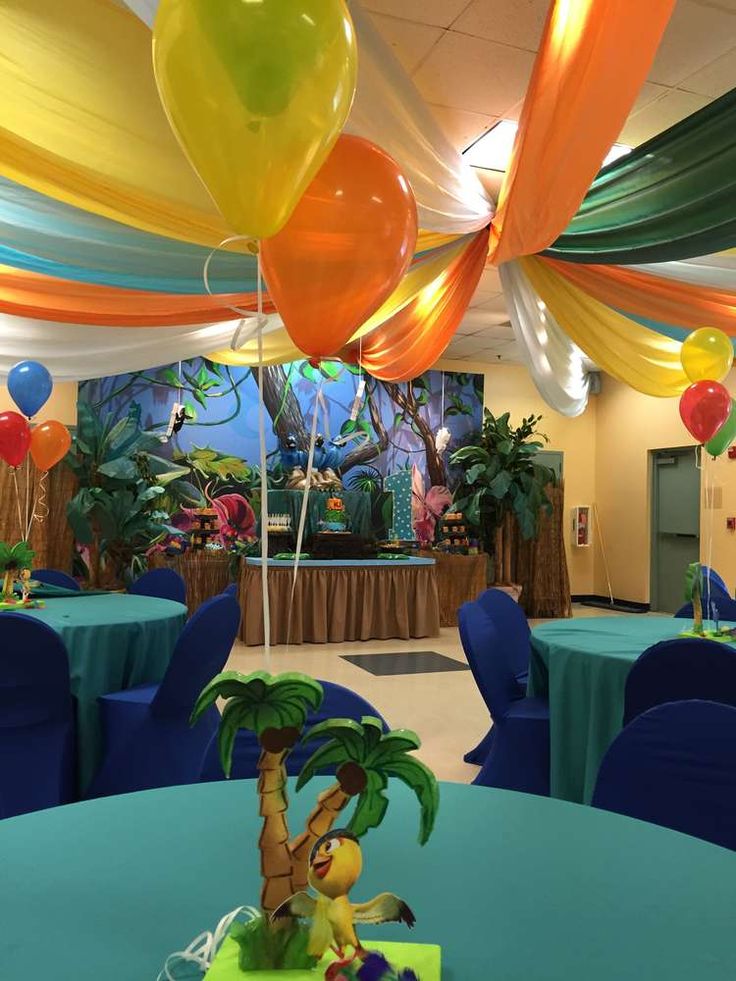 an indoor party with balloons and decorations on the ceiling, including a palm tree centerpiece