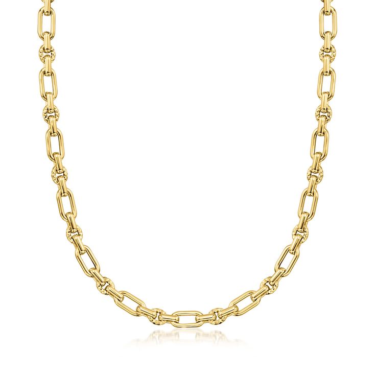 Ross-Simons - Italian 14kt Yellow Gold Alternating Oval, Circle Link Necklace. 18". From Italy, this stately 14kt yellow gold necklace alternates elongated oval and circle links for a luxe look that commands attention. Textured and polished finishes. Lobster clasp, 14kt yellow gold alternating-link necklace. Formal Yellow Gold Oval Pendant Necklace, Elegant 14k Gold Oval Chain Necklace, Elegant Oval 14k Gold Chain Necklace, Formal Oval Gold Chain Necklaces, Oval Gold Chain Necklaces For Formal Occasions, Formal Oval Necklaces With Gold Chain, Classic Oval Pendant Chain Necklace For Formal Occasions, Yellow Gold Oblong Necklaces For Formal Occasions, Formal Oval Cable Chain Necklace