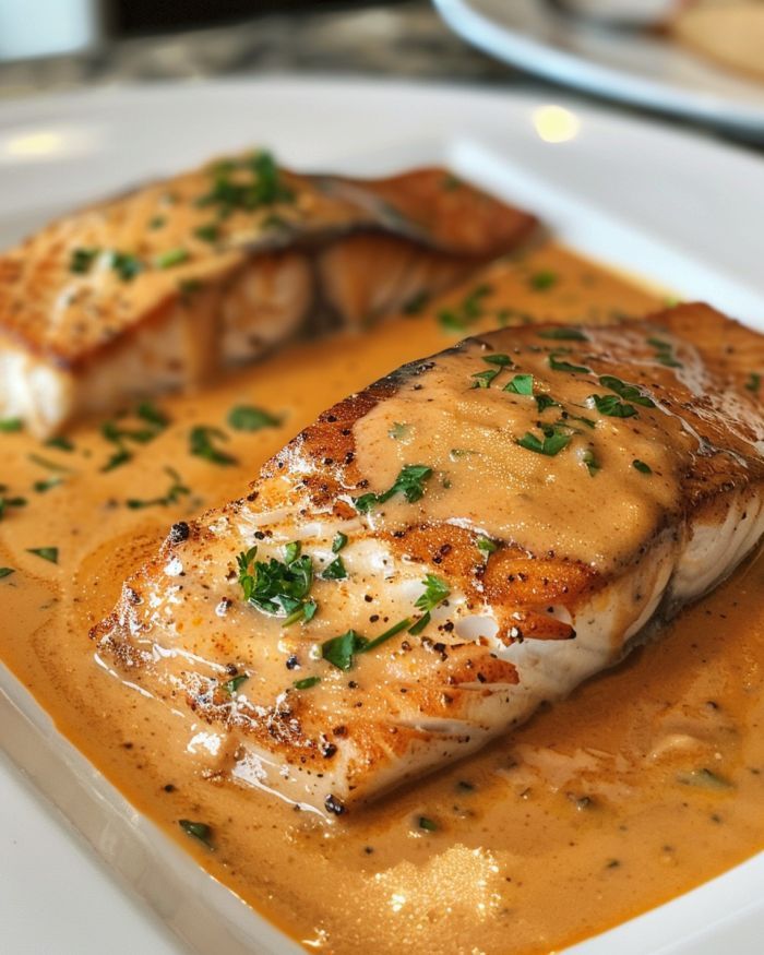 a white plate topped with fish covered in gravy