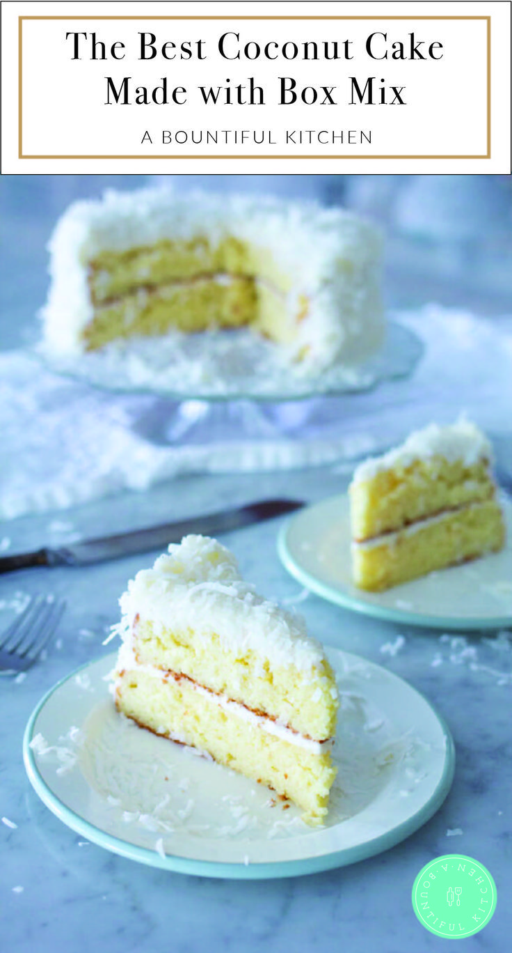 the best coconut cake made with box mix is shown on two plates, one slice has been cut