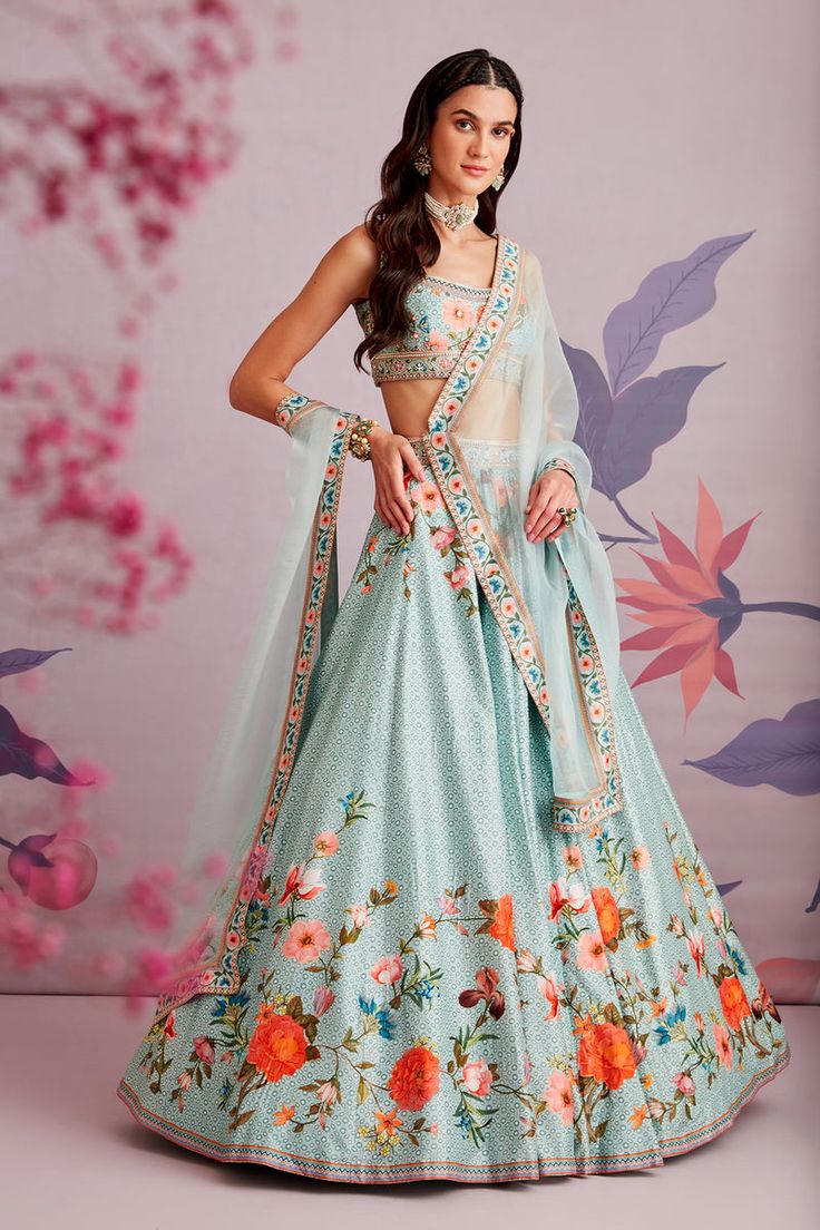 Ridhi Mehra, Skirt Silk, Green Lehenga, Green Floral Print, Embroidered Wedding, Wedding Lehenga, Silk Lehenga, Organza Dupatta, Skirt And Blouse