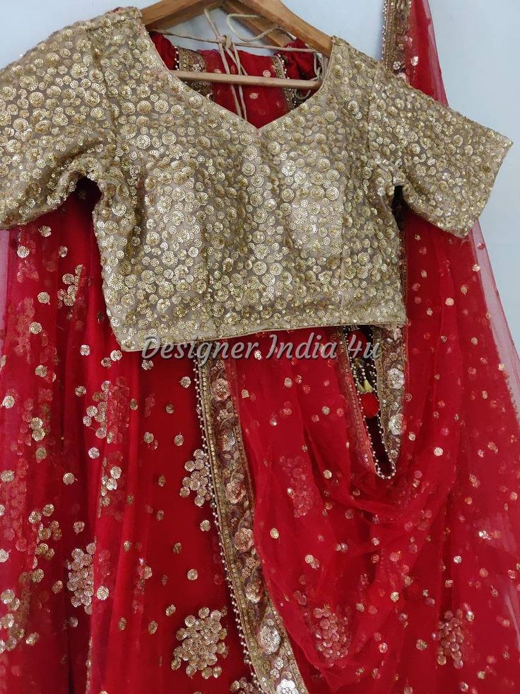 This is a Custom made Lehenga Choli dupatta. I make it exclusively for my customers by using designer fabrics. I will only make it after you confirm your required size details. Handling time: Don't worry, just tell me, I will process it accordingly and deliver on or before a delivery date you mention. Size: This is custom made as per your size. Any size possible be it be for kid or plus sizes women. Post your order I will send you a measuremnts reference sheet using which you can provide details Red And Gold Lehenga Simple, Bollywood Style Dola Silk Choli With Sequins, Bollywood Style Sequined Dola Silk Choli, Fitted Sequined Traditional Wear For Designer Occasions, Fitted Sequin Traditional Designer Wear, Fitted Kundan Pre-draped Saree With Zari Work, Festive Dola Silk Choli With Sequins, Gold Anarkali Style Fitted Pre-draped Saree, Fitted Gold Anarkali Pre-draped Saree