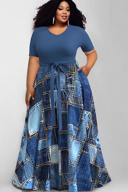 Plus Size Stylish Matching Sets for Women | Xpluswear Jeans Gown Styles For Women, English Gowns, Ladys Dress, English Outfit, Simple Dress Styles, Long Denim Dress, Church Dresses For Women, Formal Dress Patterns, Modest Dresses Fashion