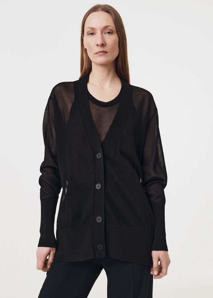 Semi Sheer Knit Cardigan – BITE Studios Versatile V-neck Cardigan For Layering, V-neck Fine Knit Outerwear For Layering, Chic Oversized Fine Knit Cardigan, Fine Knit V-neck Outerwear For Layering, Versatile Black Cardigan For Daywear, Black V-neck Cardigan With Relaxed Fit, Relaxed Fit V-neck Cardigan For Daywear, Black V-neck Relaxed Fit Cardigan, Black Relaxed Fit V-neck Cardigan