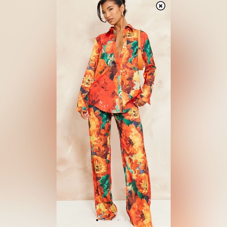 Cute Wide Leg Set Size 10 Pants Size 4 Matching Top Red Jumpsuit, Wide Leg Pant, Matching Top, Pant Set, Floral Printed, Red Floral, Green And Orange, Wide Leg Pants, Pants Set