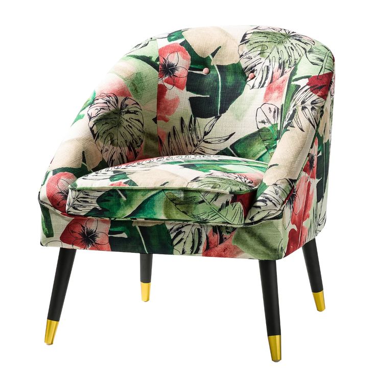 an upholstered chair with floral fabric and wooden legs, on a white background