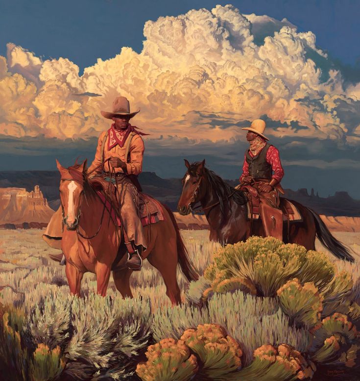 two men riding horses in the desert under a cloudy sky