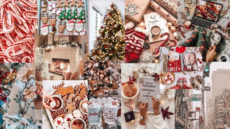 a collage of christmas themed items including stockings, candy canes and cookies on display