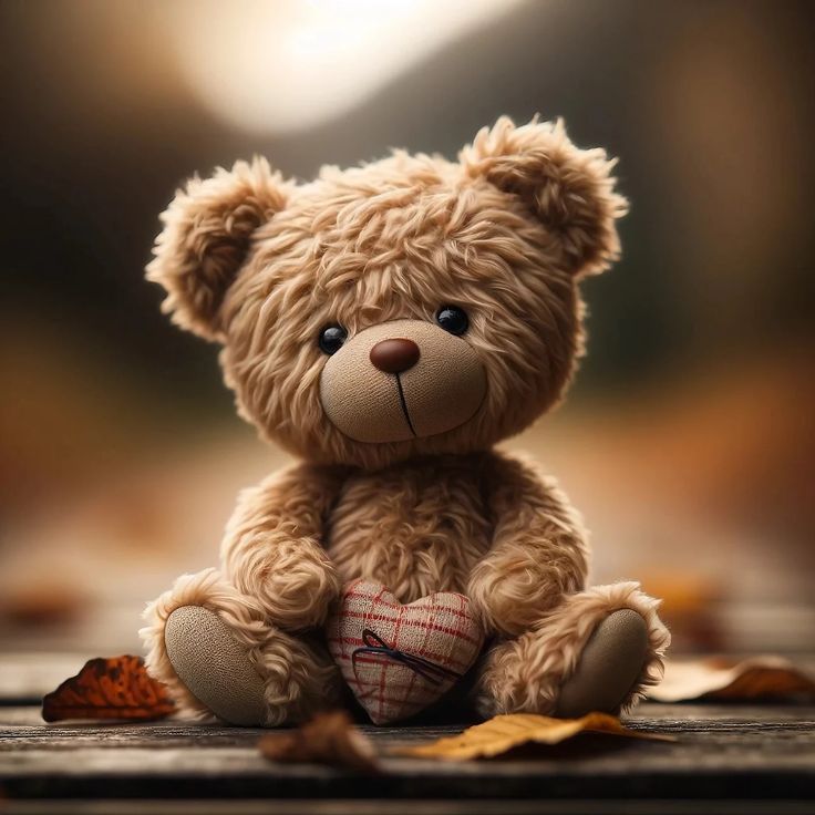 a brown teddy bear sitting on top of a wooden floor next to leaves and acorns